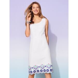 Talbots Women Floral Embroidery Linen Blend Shift Dress Size 10 White Sleeveless